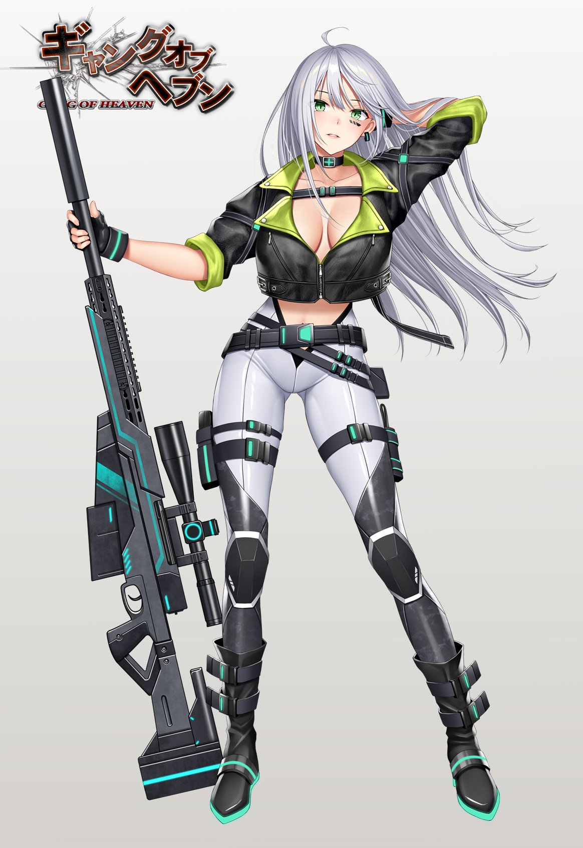 1girl arm_behind_head arm_up bangs belt black_footwear boots breasts cleavage collar collarbone commentary_request cropped_jacket earrings facial_mark fingerless_gloves fingernails full_body gang_of_heaven gloves green_eyes gun highres holding holster jacket jewelry knee_pads large_breasts logo long_hair looking_at_viewer midriff neon_trim official_art pants parted_lips rifle scope shimashima08123 silver_hair simple_background solo thigh_holster weapon