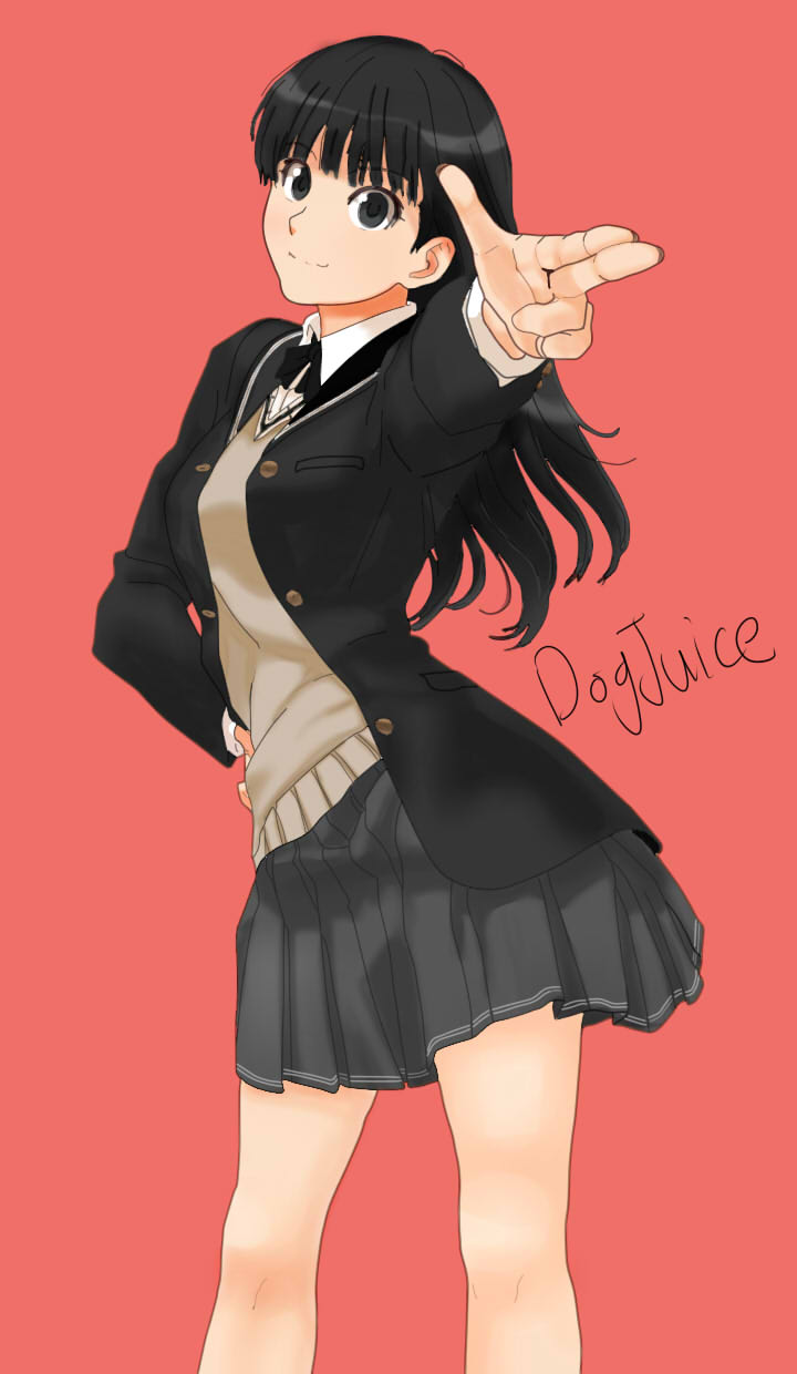 1girl amagami artist_name ayatsuji_tsukasa black_eyes black_hair black_jacket black_ribbon blazer grey_skirt grey_sweater hand_on_hip highres jacket juni315 long_hair long_sleeves looking_at_viewer miniskirt neck_ribbon open_blazer open_clothes open_jacket outstretched_arm pleated_skirt red_background ribbon school_uniform shirt simple_background skirt solo sweater white_shirt