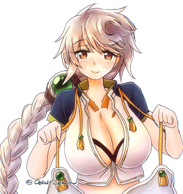 1girl asymmetrical_hair black_bra bra braid breasts cleavage_cutout clothes_removed cloud_print commentary_request crop_top eyebrows_visible_through_hair jitome kantai_collection large_breasts light_smile long_hair looking_at_viewer midriff oekaki_lemon pink_lips short_sleeves silver_hair single_braid solo twitter_username underwear unryuu_(kantai_collection) upper_body very_long_hair wavy_hair white_background yellow_eyes