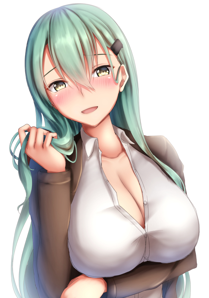 1girl aqua_eyes aqua_hair ascot blazer blush breast_hold breasts brown_jacket cleavage collarbone hair_ornament hairclip jacket kantai_collection large_breasts long_hair long_sleeves looking_at_viewer open_clothes open_mouth open_shirt playing_with_own_hair school_uniform shirt smile solo suzuya_(kantai_collection) tapisuke white_shirt yellow_eyes