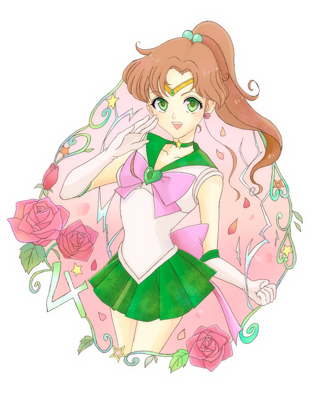 1girl :d bishoujo_senshi_sailor_moon bow bowtie brown_hair choker collarbone cowboy_shot cropped_legs elbow_gloves eyebrows_visible_through_hair floating_hair floral_print flower gloves green_eyes hair_bobbles hair_ornament high_ponytail long_hair looking_at_viewer miniskirt number open_mouth pink_bow pink_flower pink_neckwear pink_rose pleated_skirt print_skirt rose rose_earrings sailor_collar sailor_jupiter sailor_senshi_uniform shirt simple_background skirt sleeveless sleeveless_shirt smile solo star uranus1225 white_background white_gloves white_shirt