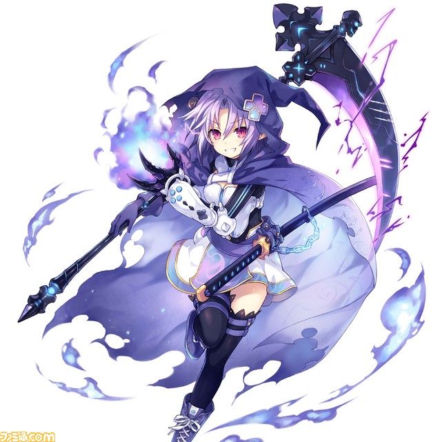 1girl blue_fire chains cloak compile_heart d-pad d-pad_hair_ornament electricity fire flame fusion gauntlets gloves hair_ornament hiro_(spectral_force) hirotune hood idea_factory katana mega_miracle_force neptune_(choujigen_game_neptune) neptune_(series) official_art purple_hair red_eyes shoes skirt skull smile sneakers spectral_(series) spectral_force sword thigh-highs weapon zettai_ryouiki