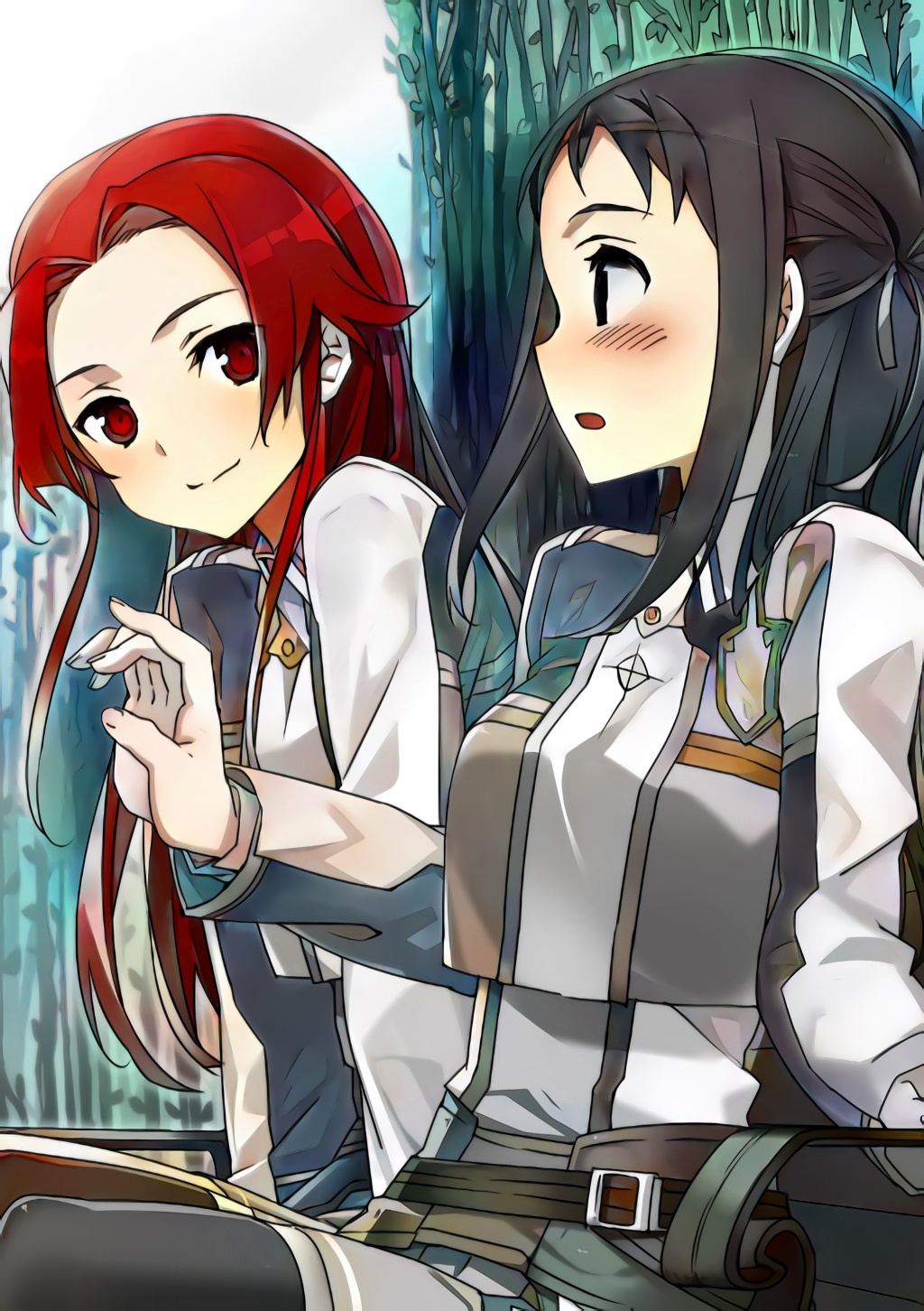 2girls abec blue_eyes highres long_hair multiple_girls red_eyes redhead ronye_arabel short_hair smile sword_art_online tiese_schtrinen