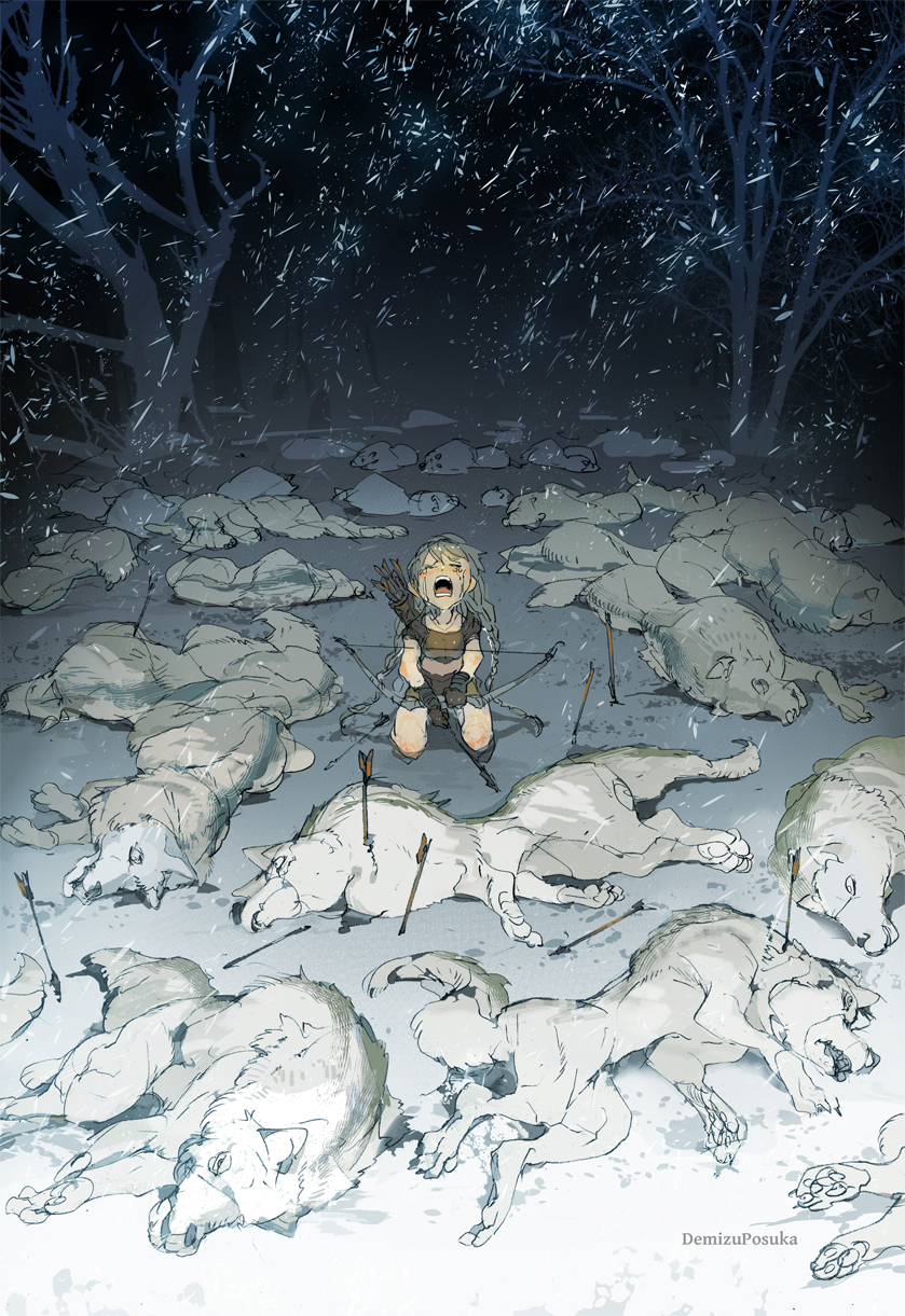 1girl animal arrow arrow_in_body artist_name bare_arms bare_legs bow_(weapon) braid child closed_eyes corpse crying death demizu_posuka grey_hair highres holding holding_bow_(weapon) holding_weapon long_hair lying night open_mouth original outdoors quiver shirt short_sleeves shorts snow snowing solo streaming_tears tears twin_braids very_long_hair weapon white_wolf wolf