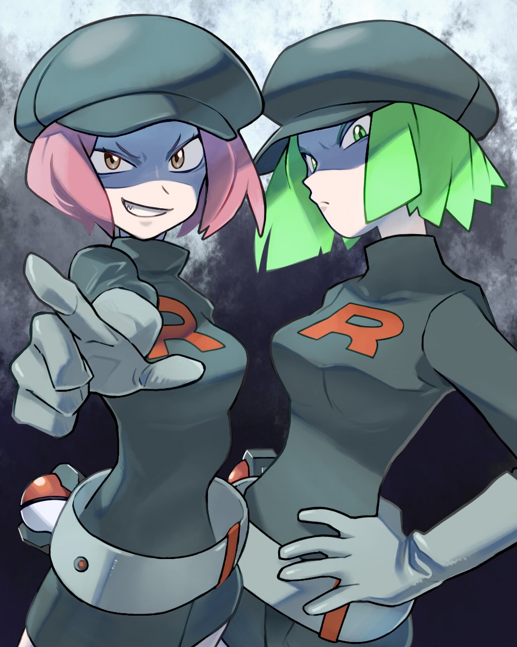 2girls breasts creatures_(company) donnpati game_freak green_eyes green_hair highres multiple_girls nintendo pink_hair poke_ball pokemon pokemon_(game) pokemon_frlg pokemon_hgss shaded_face smirk team_rocket_grunt team_rocket_uniform