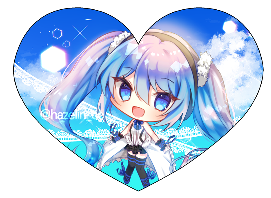 1girl 723/nanahumi :d bangs bare_shoulders black_legwear black_skirt blue_eyes blue_footwear blue_hair blue_sky blush chibi clouds commentary_request day eyebrows_visible_through_hair fur_trim hair_between_eyes hatsune_miku headphones heart layered_skirt long_hair looking_at_viewer open_mouth pleated_skirt shirt shoes sidelocks skirt sky smile solo thigh-highs twintails very_long_hair vignette vocaloid white_shirt wrist_cuffs