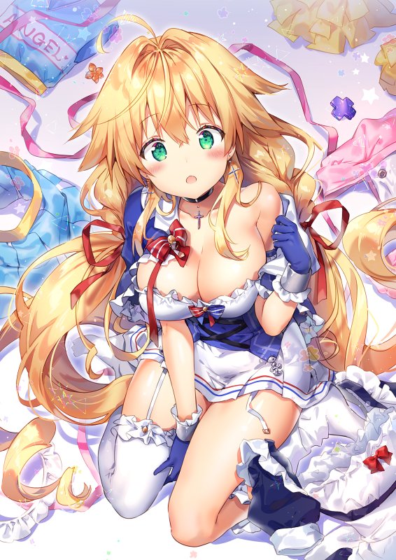 1girl ahoge apron azur_lane bangs between_legs blonde_hair blue_gloves blush braid breasts cross cross_earrings earrings eyebrows_visible_through_hair garter_straps gloves green_eyes hand_between_legs jewelry large_breasts le_temeraire_(azur_lane) long_hair looking_at_viewer low-tied_long_hair low_twintails maid_apron maid_headdress nurse off_shoulder open_mouth pom_pom_(clothes) red_ribbon ribbon riichu sidelocks single_thighhigh sitting skirt skirt_removed solo thigh-highs twin_braids twintails underbust very_long_hair wariza white_legwear