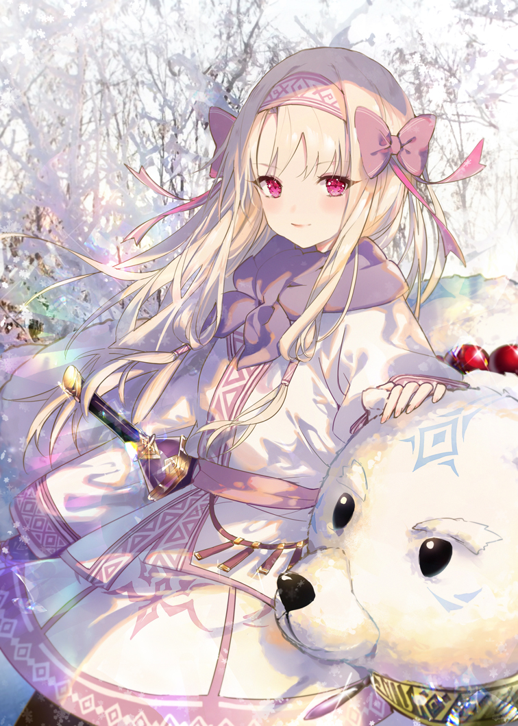 1girl ainu_clothes animal bangs bear black_legwear blonde_hair bow closed_mouth commentary_request eyebrows_visible_through_hair fate/grand_order fate_(series) fingernails hair_bow hair_tubes hairband illyasviel_von_einzbern kinokohime long_hair long_sleeves pantyhose pink_hairband purple_bow red_eyes shirou_(fate/grand_order) sidelocks sitonai smile snow sword tree very_long_hair weapon wide_sleeves