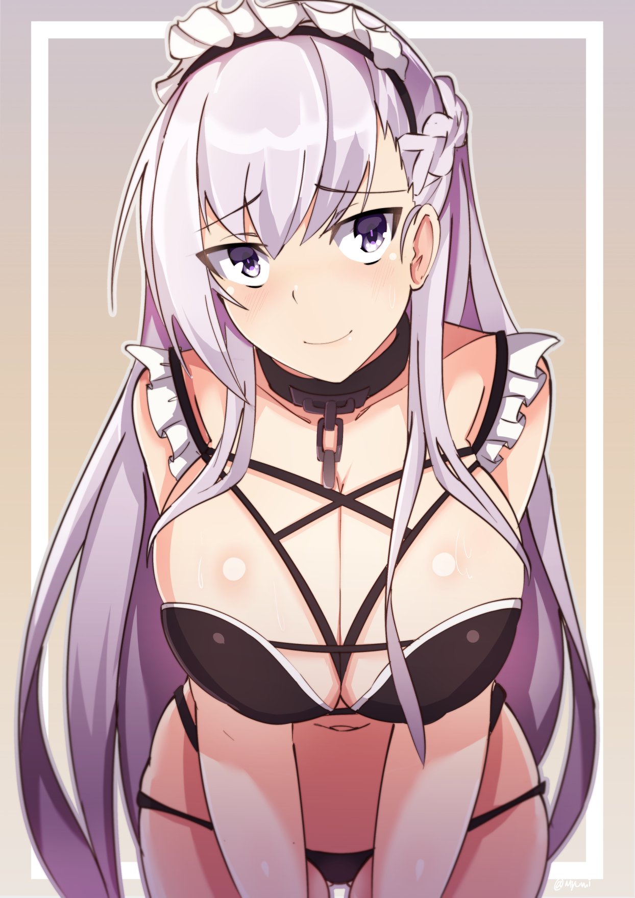 1girl ass_visible_through_thighs azur_lane belfast_(azur_lane) bent_over bikini black_bikini braid breasts chains cleavage closed_mouth collar eyebrows_visible_through_hair french_braid highres large_breasts lavender_hair long_hair looking_at_viewer maid maid_headdress metal_collar myumi navel purple_background smile solo swimsuit violet_eyes