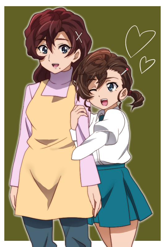 2girls ;d apron arm_hug blue_eyes blue_pants blue_skirt brown_hair gegege_no_kitarou green_background hair_between_eyes hair_ornament hairclip heart inuyama_junko inuyama_mana long_hair long_sleeves looking_at_another miniskirt mole mole_under_mouth mother_and_daughter multiple_girls official_style one_eye_closed onomekaman open_mouth pants pink_sweater puffy_long_sleeves puffy_sleeves school_uniform shirt short_hair short_ponytail skirt smile sweater white_shirt x_hair_ornament