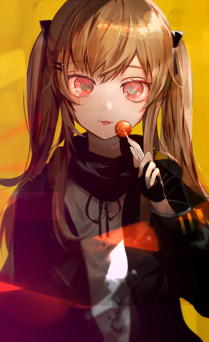 1girl :3 black_gloves black_jacket black_neckwear black_ribbon black_scarf brown_hair commentary_request eyebrows_visible_through_hair fingerless_gloves girls_frontline gloves hair_ornament hair_ribbon hairclip hand_up jacket long_hair long_sleeves looking_at_viewer neck_ribbon red_eyes ribbon scarf shirt simple_background solo tlla twintails ump45_(girls_frontline) upper_body white_shirt yellow_background