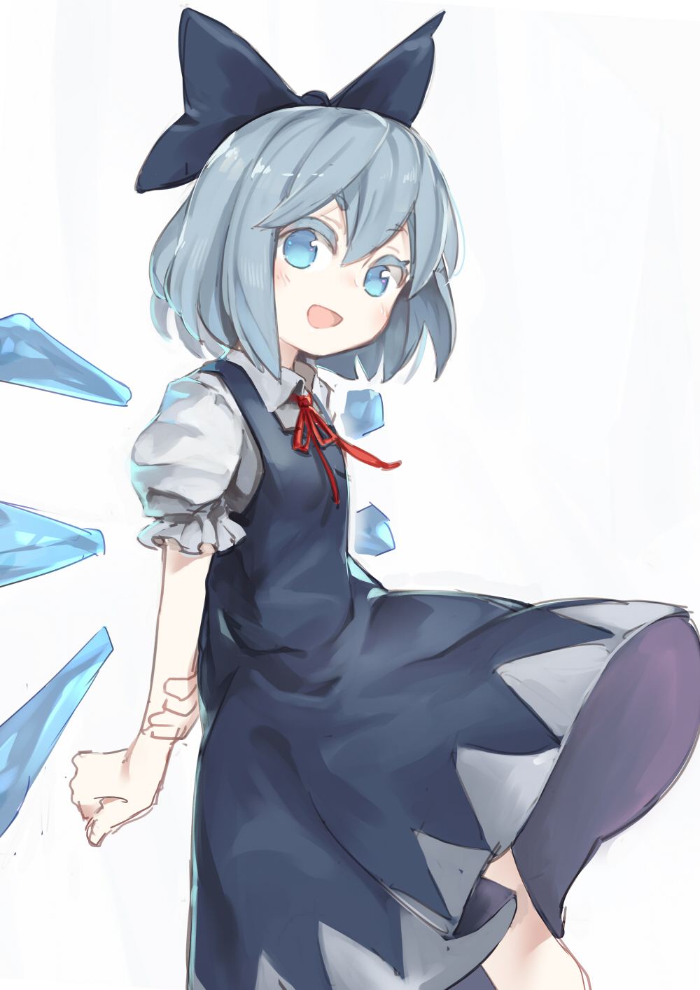 1girl arms_behind_back asutora blue_dress blue_eyes blue_hair blue_wings cirno collared_shirt colored_eyelashes commentary_request cowboy_shot dress hair_between_eyes highres ice ice_wings looking_at_viewer open_mouth puffy_short_sleeves puffy_sleeves red_ribbon ribbon shirt short_hair short_sleeves simple_background sketch smile solo standing touhou white_background wing_collar wings