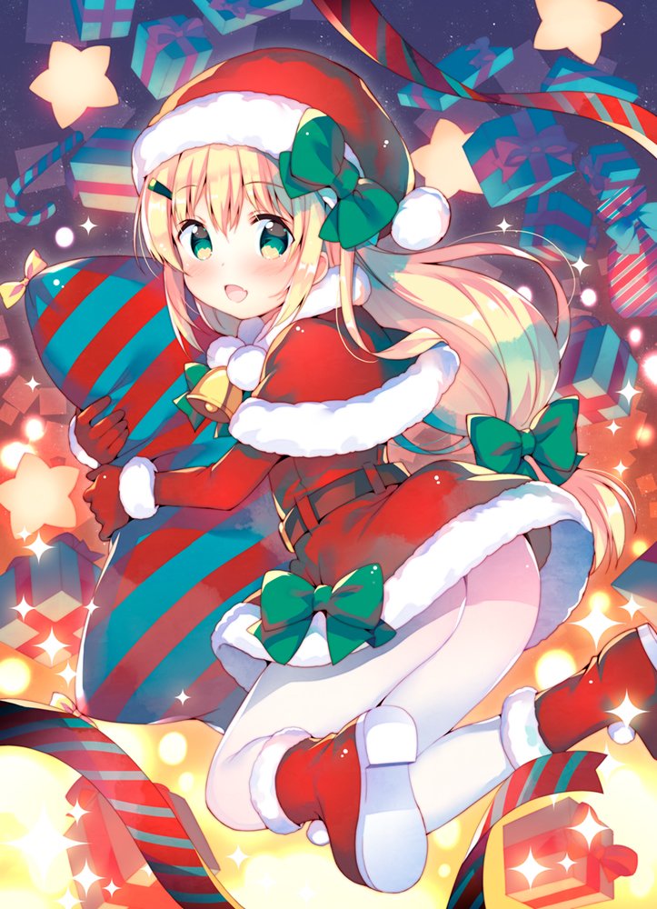 1girl :d ass bangs bell belt blush boots bow box brown_belt candy candy_cane capelet commentary_request dress elbow_gloves eyebrows_visible_through_hair food fur-trimmed_boots fur-trimmed_capelet fur-trimmed_dress fur-trimmed_gloves fur-trimmed_hat fur_trim gift gift_box gloves green_bow green_eyes hair_between_eyes hair_bow hair_ornament hairclip hat hat_bow long_hair looking_at_viewer looking_back low-tied_long_hair meito_(maze) object_hug open_mouth original pantyhose pom_pom_(clothes) red_capelet red_dress red_footwear red_gloves red_hat santa_boots santa_costume santa_hat shoe_soles sidelocks smile solo sparkle star white_legwear