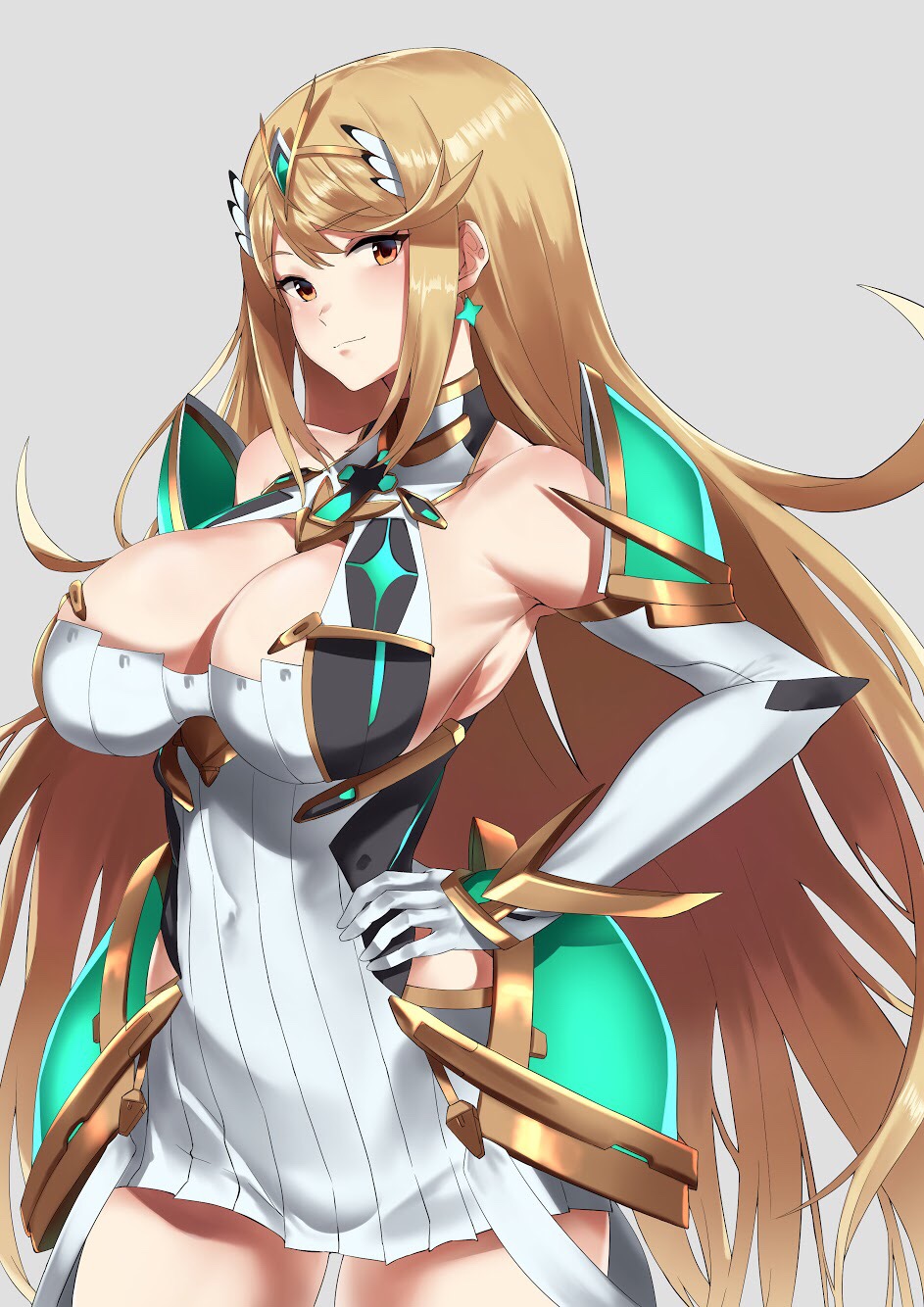 1girl armor bangs bare_shoulders blonde_hair blush breasts cleavage_cutout closed_mouth commentary_request covered_navel dress earrings elbow_gloves fujitsubo_(hujitubo0731) gem gloves grey_background hand_on_hip headpiece highres mythra_(xenoblade) jewelry large_breasts long_hair looking_at_viewer nintendo short_shorts shorts simple_background smile solo swept_bangs tiara very_long_hair white_dress white_gloves xenoblade_(series) xenoblade_2 yellow_eyes