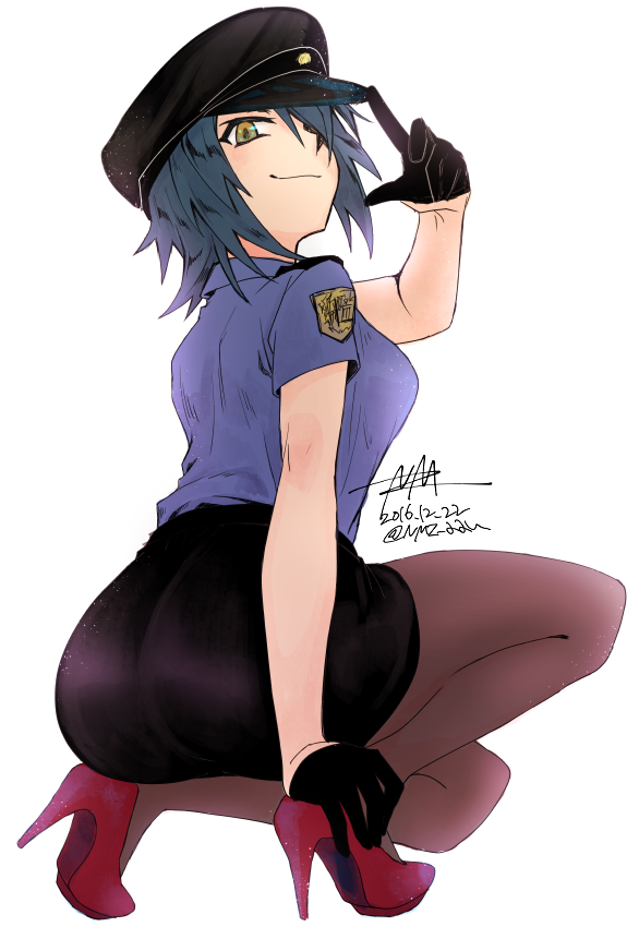 1girl black_gloves black_skirt blue_hair blue_shirt dated eyepatch finger_on_hat gloves hat high_heels kantai_collection looking_at_viewer nmz_(namazu) pantyhose police police_hat police_uniform policewoman red_footwear shirt short_hair signature skirt solo tenryuu_(kantai_collection) twitter_username uniform yellow_eyes