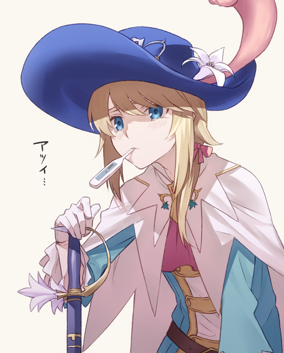 1other androgynous blonde_hair blue_eyes blush bow cape chevalier_d'eon_(fate/grand_order) commentary_request fate/grand_order fate_(series) feathers flower frilled_sleeves frills gloves hair_bow hat hat_flower kofunami_nana long_hair long_sleeves ponytail simple_background solo sword thermometer translated weapon