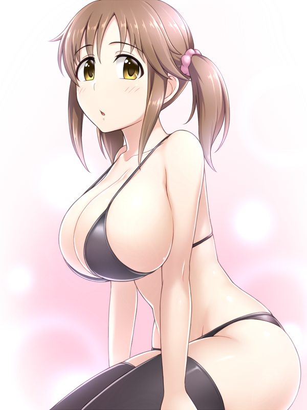 1girl bikini black_bikini blush breasts brown_hair collarbone commentary eyebrows_visible_through_hair from_side groin hair_ornament hair_scrunchie idolmaster idolmaster_cinderella_girls large_breasts looking_at_viewer medium_hair open_mouth pataniito pink_background scrunchie sideboob simple_background solo strap_gap swimsuit thigh-highs totoki_airi twintails yellow_eyes