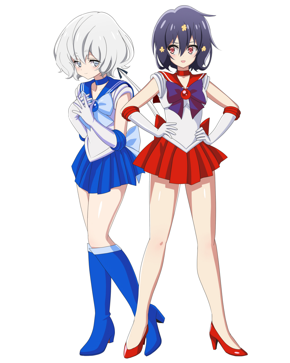 2girls bishoujo_senshi_sailor_moon black_hair blue_choker blue_footwear blue_sailor_collar blue_skirt boots bow choker commentary_request cosplay elbow_gloves eyebrows_visible_through_hair full_body gloves hair_between_eyes hair_ornament hands_on_hips highres inner_senshi konno_junko long_hair low_twintails magical_girl mizuno_ai multiple_girls pirochi purple_bow red_bow red_choker red_eyes red_sailor_collar sailor_collar sailor_mars sailor_mars_(cosplay) sailor_mercury sailor_mercury_(cosplay) sailor_senshi sailor_senshi_uniform short_hair simple_background skirt standing twintails white_background white_gloves zombie_land_saga