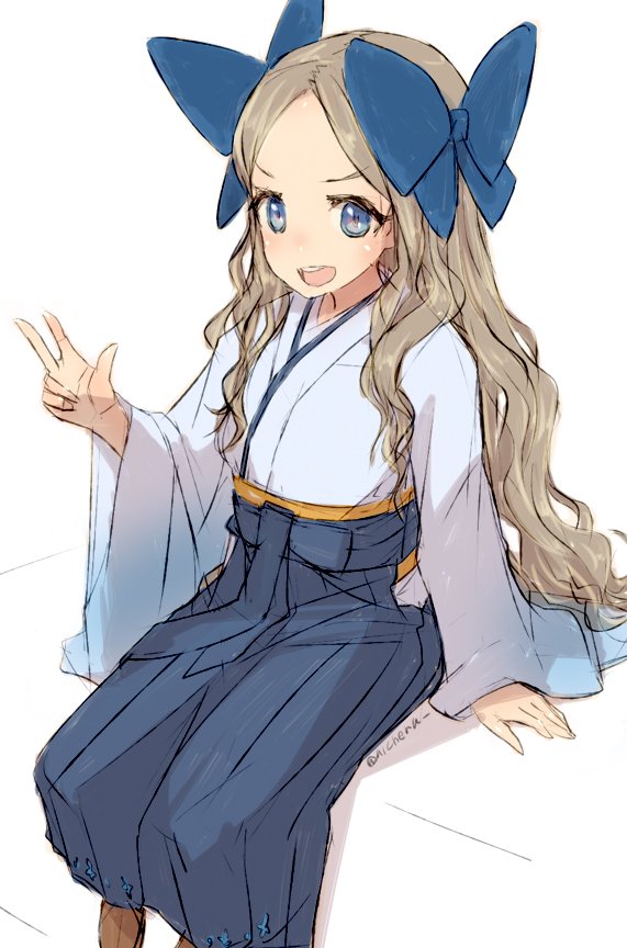 1girl alchera asakaze_(kantai_collection) bangs blue_bow blue_eyes blue_hakama boots bow brown_footwear cross-laced_footwear feet_out_of_frame forehead hair_bow hakama japanese_clothes kantai_collection kimono lace-up_boots light_brown_hair long_hair looking_at_viewer meiji_schoolgirl_uniform open_mouth parted_bangs sidelocks simple_background sitting smile solo wavy_hair white_background white_kimono