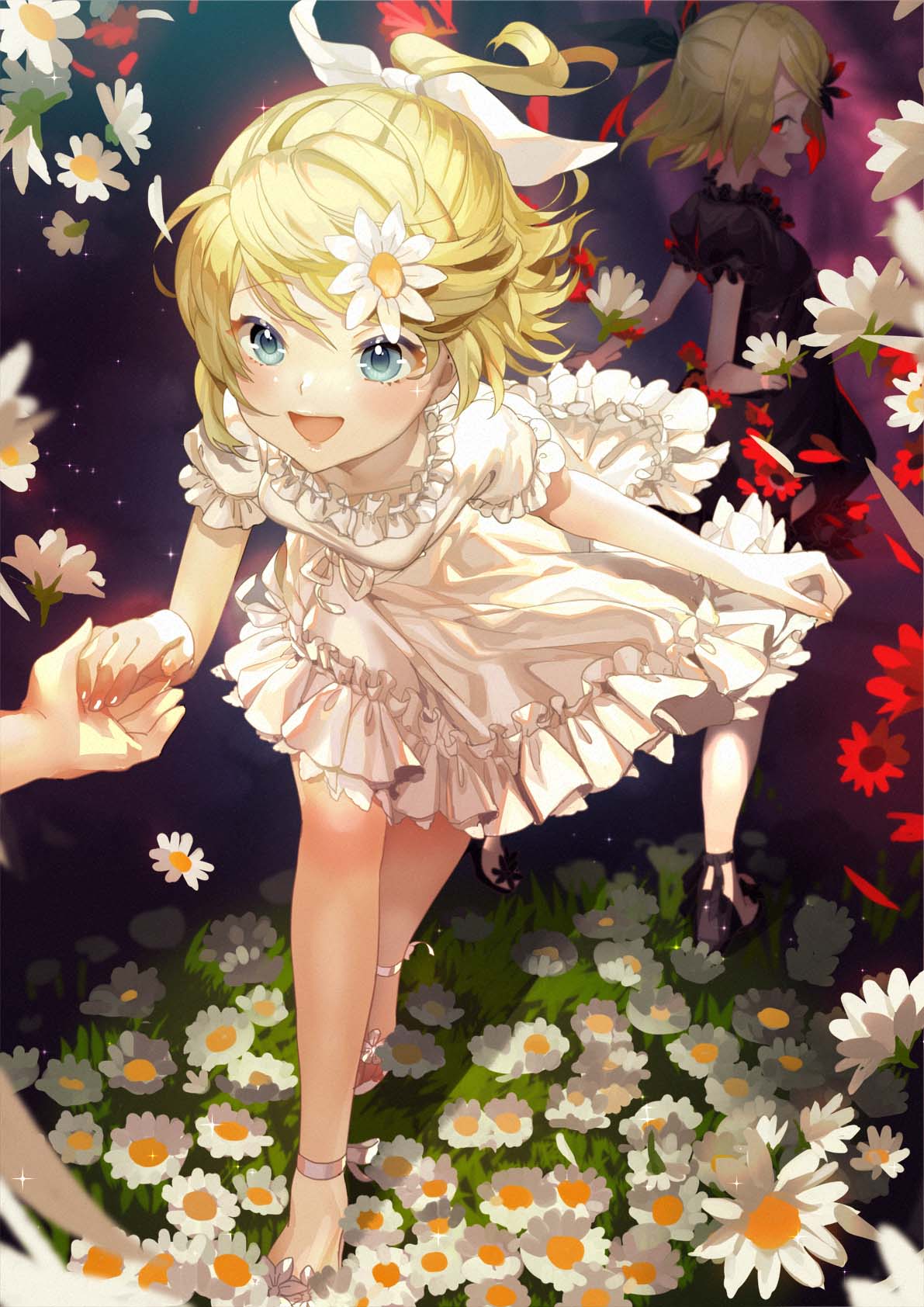 2girls :d alternate_costume ankle_ribbon arms_behind_back black_dress blonde_hair blue_eyes breasts commentary_request daisy dress dual_persona flower grass hair_flower hair_ornament hand_holding highres kagamine_rin leaning_forward light_particles looking_at_viewer looking_back multiple_girls open_mouth pov pov_hands puffy_short_sleeves puffy_sleeves red_eyes ribbon sandals sawashi_(ur-sawasi) short_hair short_sleeves small_breasts smile vocaloid walking white_dress