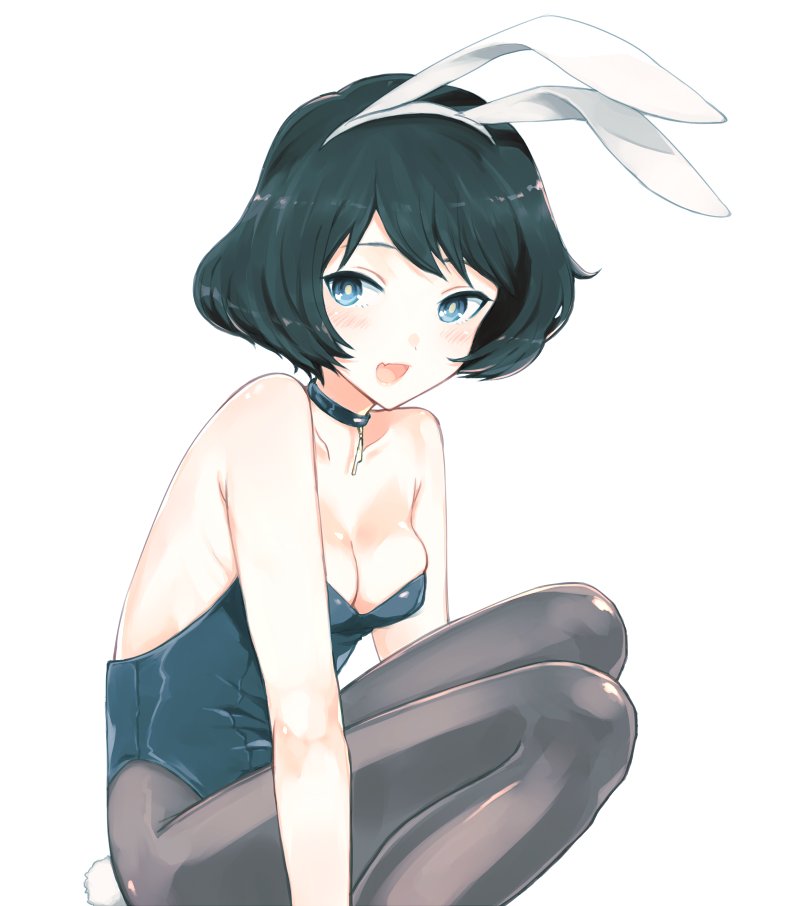 1girl animal_ears bangs bare_shoulders black_eyes black_hair black_legwear breasts bunny_tail bunnysuit cleavage commentary fake_animal_ears fake_tail fang from_side girls_und_panzer light_blush lips looking_at_viewer medium_breasts open_mouth pantyhose rabbit_ears short_hair simple_background smile solo squatting swept_bangs tail umiu_(hoge) utsugi_yuuki white_background