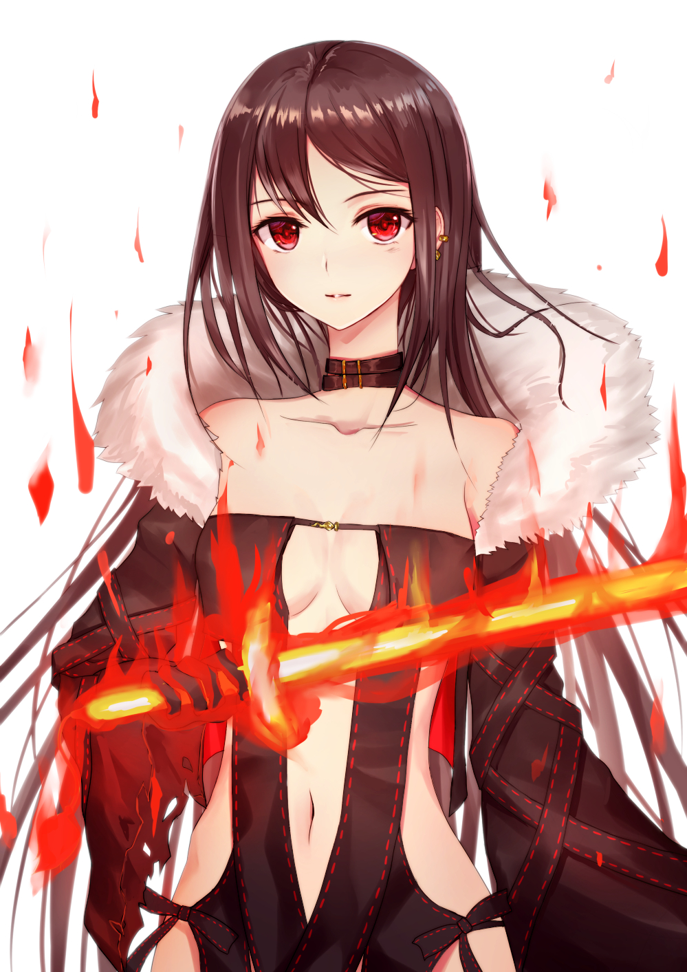 1girl bangs black_gloves blush breasts brown_dress brown_hair brown_jacket collarbone commentary_request consort_yu_(fate) dress eyebrows_visible_through_hair fate/grand_order fate_(series) fire flaming_sword gloves hair_between_eyes highres holding holding_sword holding_weapon jacket long_hair long_sleeves navel open_clothes open_jacket parted_lips red_eyes ribbon-trimmed_dress seungju_lee small_breasts solo strapless strapless_dress sword very_long_hair weapon white_background