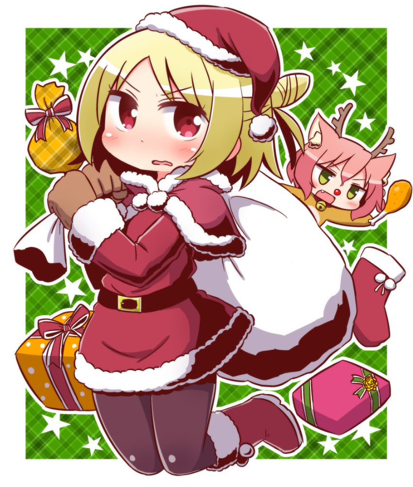 2girls 7th_dragon 7th_dragon_(series) :d animal_costume animal_ear_fluff animal_ears antlers bangs bell belt belt_buckle black_belt blonde_hair blush box brown_gloves brown_legwear buckle capelet cat_ears chibi christmas christmas_stocking commentary_request dress drumsticks emel_(7th_dragon) eyebrows_visible_through_hair fang food fur-trimmed_boots fur-trimmed_capelet fur-trimmed_dress fur-trimmed_sleeves fur_trim gift gift_box gloves green_background green_eyes hair_between_eyes hands_up harukara_(7th_dragon) holding holding_food holding_sack jingle_bell kneebar long_sleeves multiple_girls naga_u one_side_up open_mouth pantyhose parted_bangs parted_lips plaid plaid_background polka_dot pom_pom_(clothes) red_capelet red_dress red_eyes red_footwear red_nose reindeer_antlers reindeer_costume sack smile solo_focus star two-tone_background v-shaped_eyebrows wavy_mouth white_background