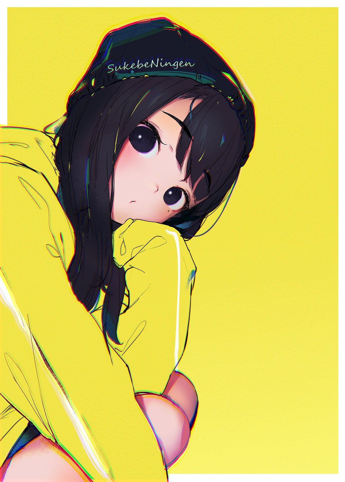 1girl bangs beanie black_eyes black_hair blunt_bangs blush closed_mouth eyebrows_visible_through_hair hat henreader highres hood hood_down hoodie long_sleeves looking_at_viewer mole mole_under_eye original simple_background sitting sleeves_past_fingers sleeves_past_wrists solo yellow_background yellow_hoodie