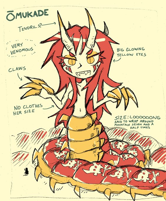 1girl bug centipede centipede_girl claws commentary english english_commentary fewer_digits grey_background hair_censor hair_over_breasts horns insect_girl long_hair looking_at_viewer monster_girl navel nude original redhead setz sharp_teeth slit_pupils smile solo teeth yellow_eyes