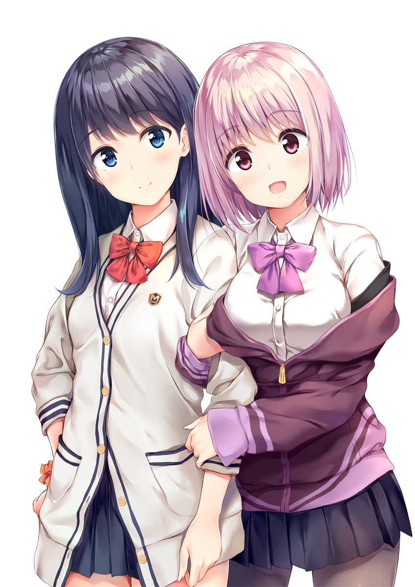 2girls :d arm_hug bangs black_hair black_legwear black_skirt blue_eyes blue_skirt blush bow bowtie breasts buttons closed_mouth collared_shirt commentary_request cowboy_shot eyebrows_visible_through_hair hand_on_hip head_tilt highres jacket large_breasts long_hair long_sleeves looking_at_viewer miniskirt multiple_girls off_shoulder open_mouth orange_scrunchie pantyhose partially_unzipped pasdar pink_hair pleated_skirt purple_jacket purple_neckwear red_eyes red_neckwear school_uniform scrunchie shinjou_akane shirt short_hair side-by-side sidelocks simple_background skirt sleeves_past_wrists smile ssss.gridman standing takarada_rikka tareme white_background white_cardigan white_shirt wrist_scrunchie zipper_pull_tab