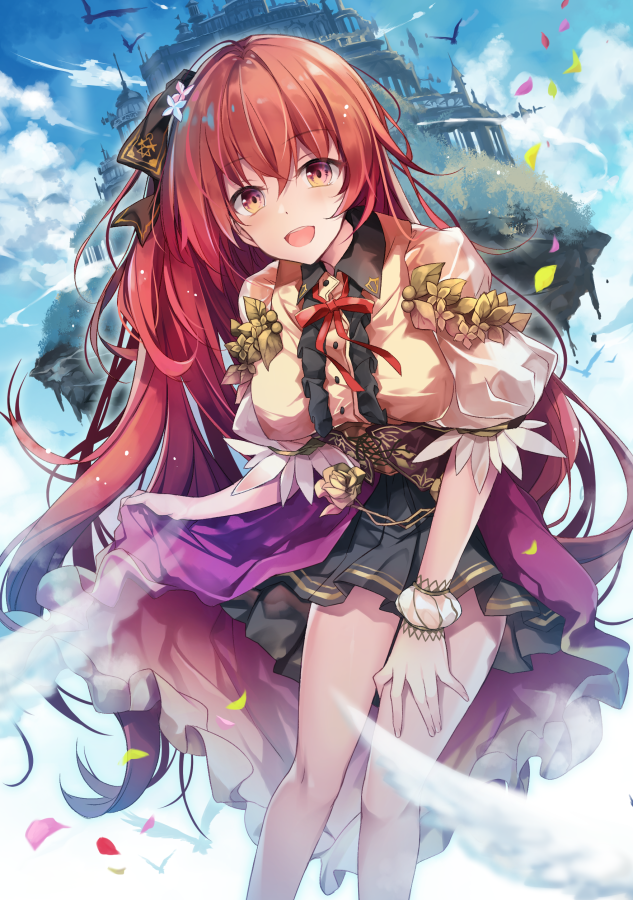 1girl :d bird black_ribbon black_skirt blue_sky breasts castle center_frills clouds collared_shirt commentary_request cover cover_page day fantasy feet_out_of_frame floating_castle floating_island flower hair_flower hair_ornament hair_ribbon hirai_yuzuki leaf leaning_forward long_hair looking_at_viewer medium_breasts neck_ribbon novel_cover official_art one_side_up open_mouth overskirt petals pleated_skirt puffy_short_sleeves puffy_sleeves purple_skirt red_eyes red_neckwear redhead ribbon shirt short_sleeves single_wrist_cuff skirt skirt_hold sky smile solo standing tenkuu_no_shiro_wo_moratta_node_isekai_de_tanoshiku_asobitai very_long_hair wing_collar wrist_cuffs yellow_shirt