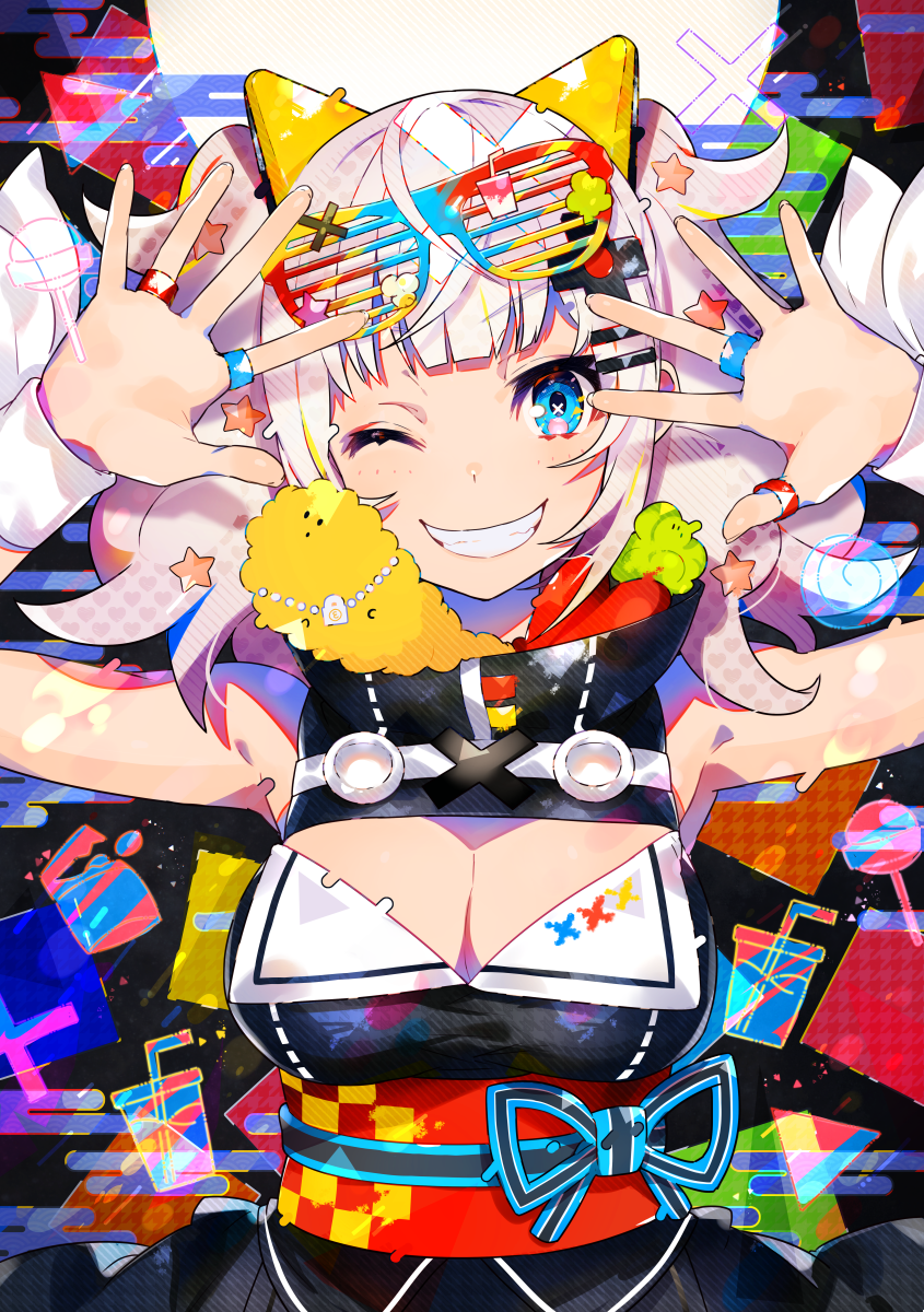 1girl armpits arms_up bangs bare_shoulders black_dress blue_eyes breasts cleavage cleavage_cutout commentary_request dress egasumi eyewear_on_head fingernails grin hair_ornament hairclip highres jewelry kaguya_luna kaguya_luna_(character) large_breasts looking_at_viewer mika_pikazo obi one_eye_closed ring sash silver_hair sleeveless sleeveless_dress smile solo star star_hair_ornament sunglasses symbol-shaped_pupils twintails upper_body x