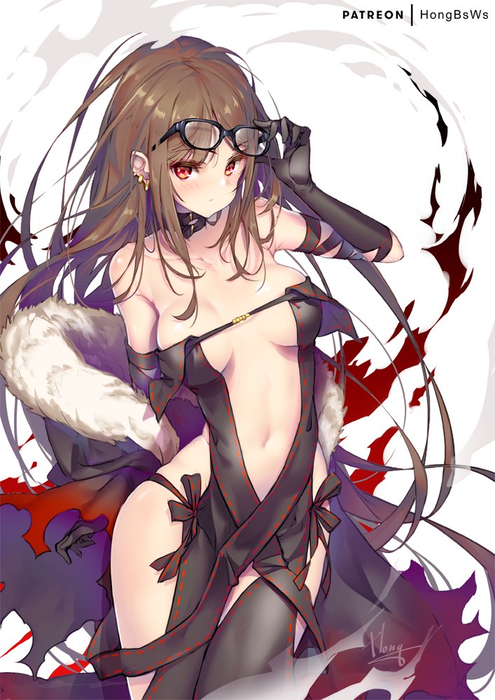 1girl adjusting_eyewear arm_behind_back bangs bare_shoulders black-framed_eyewear black_dress blush breasts brown_hair center_opening choker collarbone consort_yu_(fate) dress earrings eyebrows_visible_through_hair fate/grand_order fate_(series) fur-trimmed_jacket fur_collar fur_trim glasses gold hong_(white_spider) jacket jewelry long_hair looking_at_viewer medium_breasts multiple_earrings navel patreon_username red_eyes revealing_clothes sidelocks signature skindentation solo stomach strapless strapless_dress thighs very_long_hair