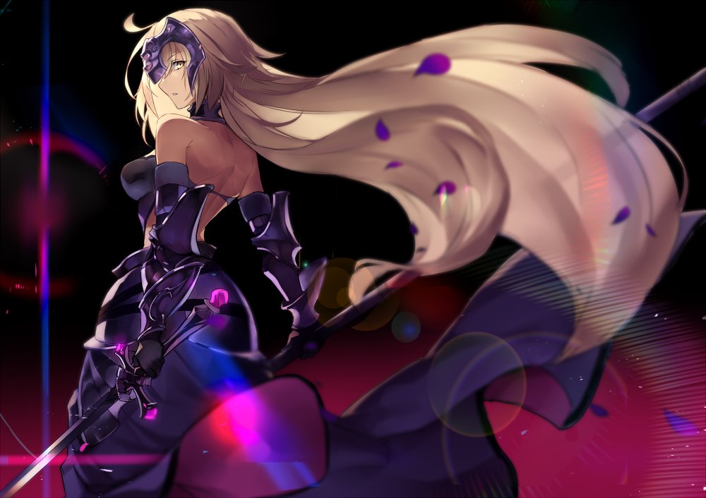 1girl armor armored_dress back bangs black_dress blonde_hair breasts commentary_request dress fate/grand_order fate_(series) faulds flag from_behind gauntlets hair_lift headpiece holding holding_flag holding_sword holding_weapon jeanne_d'arc_(alter)_(fate) jeanne_d'arc_(fate)_(all) karlwolf large_breasts lens_flare long_hair looking_back polearm skirt standing sword very_long_hair weapon yellow_eyes