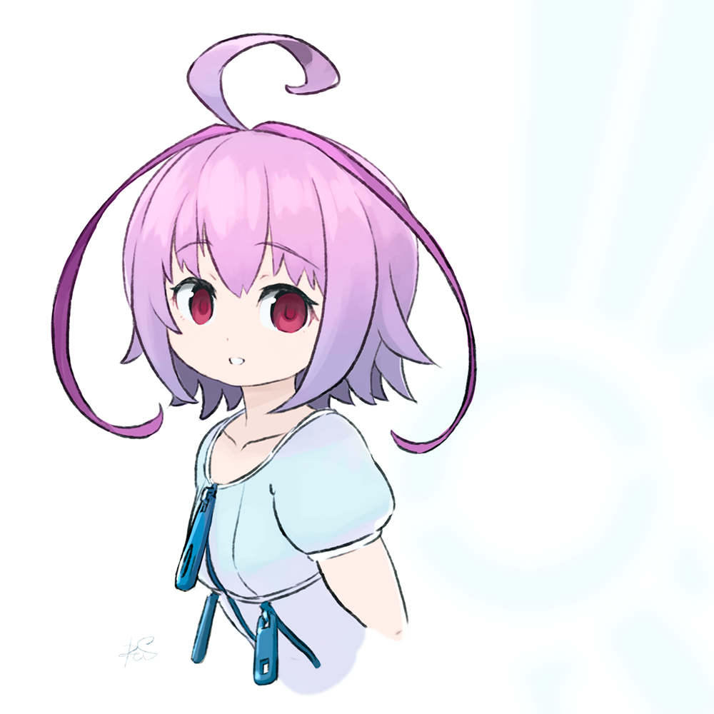 1girl ahoge bangs blue_background blue_dress commentary_request copyright_request dress eyebrows_visible_through_hair looking_at_viewer parted_lips puffy_short_sleeves puffy_sleeves purple_hair red_eyes reiesu_(reis) short_sleeves smile solo upper_body white_background zipper