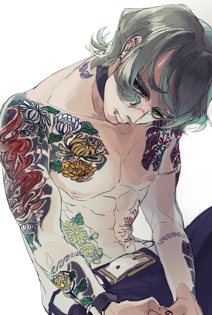 1boy abs bangs bare_chest belt butterfly_tattoo choker ear_piercing gintama green_eyes lip_piercing looking_at_viewer male_focus oboro_(gintama) piercing shirtless silver_hair sitting solo tattoo thick_eyebrows toned