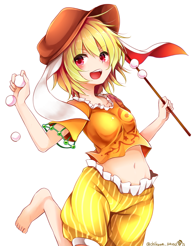 1girl animal_ears artist_name bangs blonde_hair breasts brown_hat chikuwa_savi collarbone commentary_request crop_top dango eyebrows_visible_through_hair flat_cap food frills groin hair_between_eyes hands_up hat holding holding_food leg_up looking_at_viewer midriff navel open_mouth orange_shirt rabbit_ears red_eyes ringo_(touhou) shirt short_hair short_sleeves shorts simple_background small_breasts smile solo star star_print stomach striped touhou twitter_username vertical-striped_shorts vertical_stripes wagashi white_background yellow_shorts