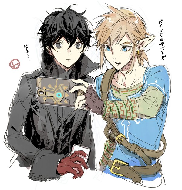 2boys amamiya_ren atlus black_hair blonde_hair blue_eyes cellphone earrings elf gamelife506 gloves holding human hylian jewelry link long_hair looking_at_viewer male_focus megami_tensei multiple_boys nintendo nintendo_ead persona persona_5 phone pointy_ears ponytail sheikah_slate short_hair simple_background sora_(company) super_smash_bros. super_smash_bros._ultimate super_smash_bros_brawl the_legend_of_zelda the_legend_of_zelda:_breath_of_the_wild translated