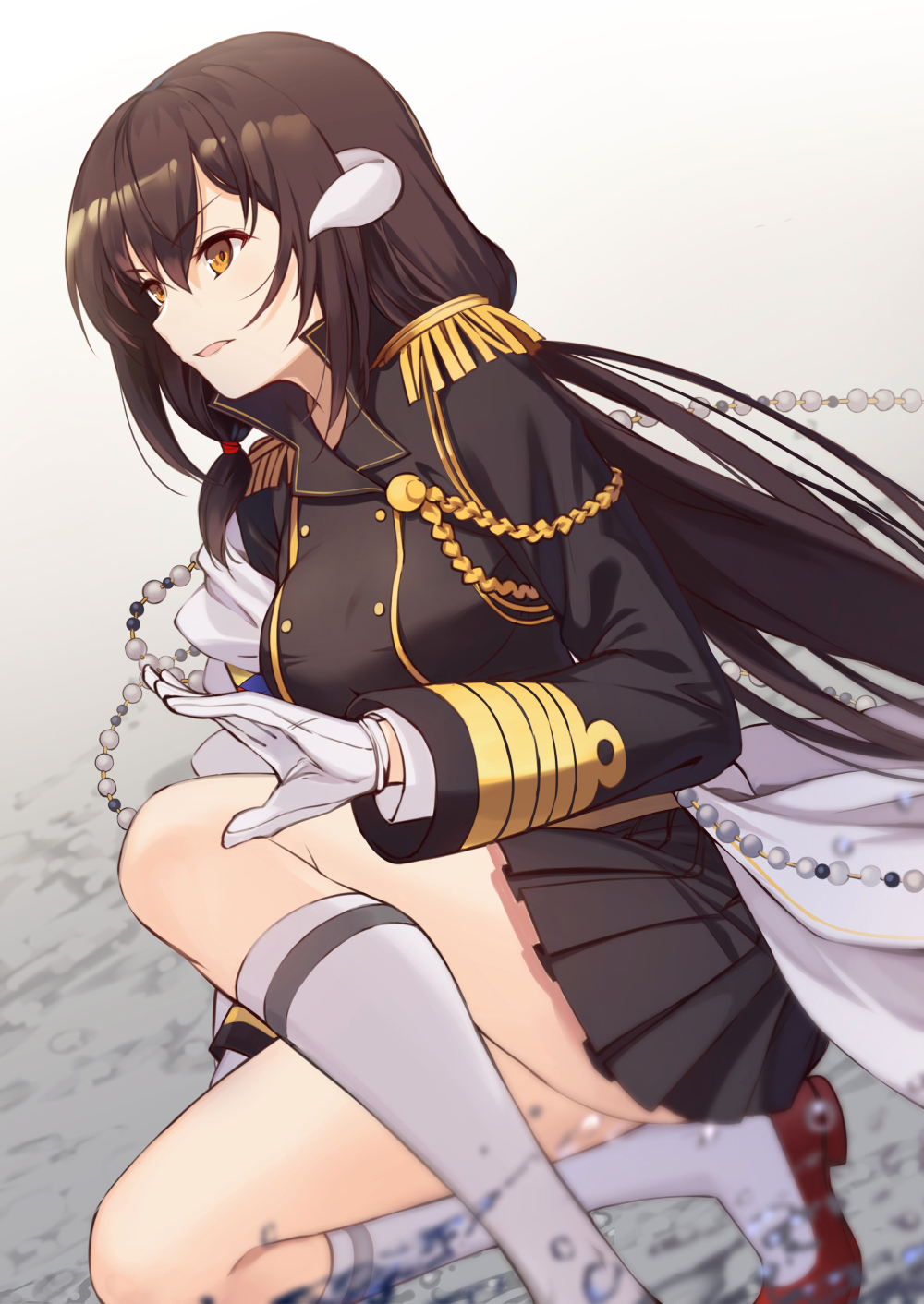 1girl akanebi azur_lane bangs beads black_hair black_jacket black_skirt brown_eyes epaulettes eyebrows_visible_through_hair gloves hair_between_eyes highres horns jacket kneehighs long_hair long_sleeves mikasa_(azur_lane) military military_uniform miniskirt one_knee open_mouth pleated_skirt skirt solo thighs uniform white_gloves white_legwear