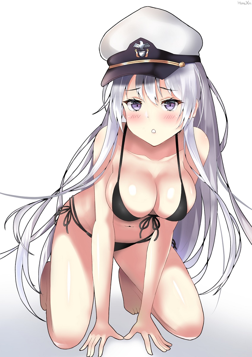 1girl azur_lane bikini black_bikini breasts enterprise_(azur_lane) hat highres himexin kneeling military_hat navel peaked_cap silver_hair solo swimsuit violet_eyes