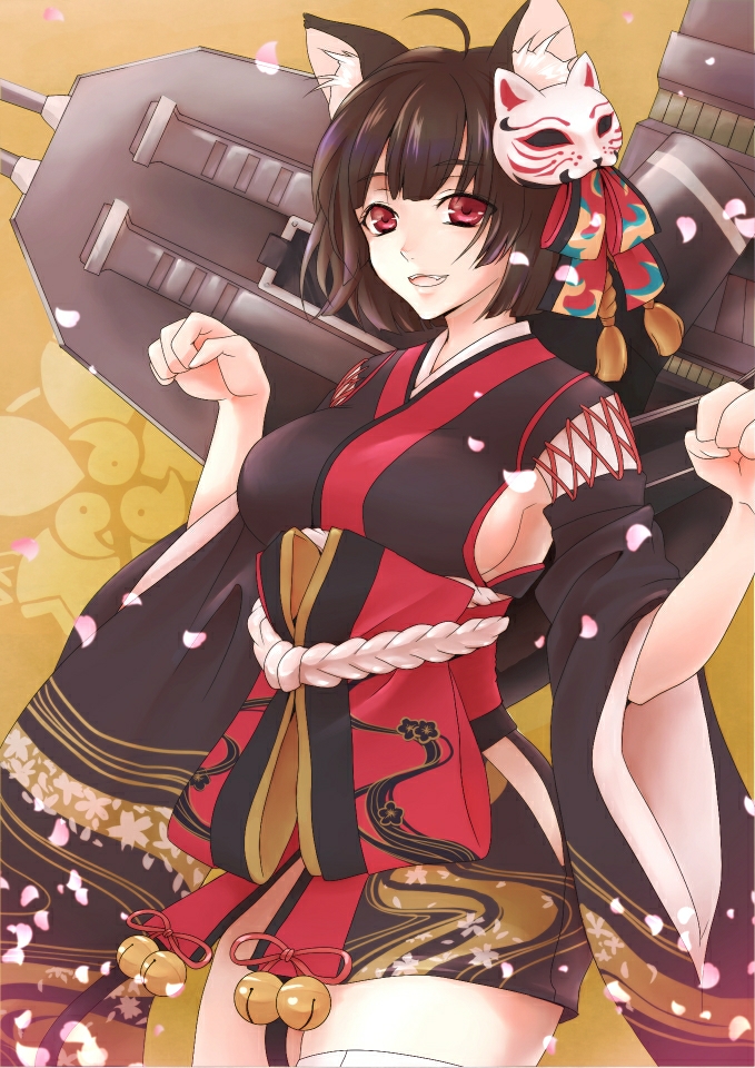 1girl ahoge animal_ears azur_lane bangs bell black_kimono blunt_bangs breasts brown_hair cat_ears cat_mask cat_tail eyebrows_visible_through_hair fang fox_mask japanese_clothes jingle_bell kimono mask mask_on_head medium_breasts open_mouth paw_pose red_eyes short_hair short_kimono sideboob smile solo standing tail tail_bell white_legwear wide_sleeves yamashiro_(azur_lane)