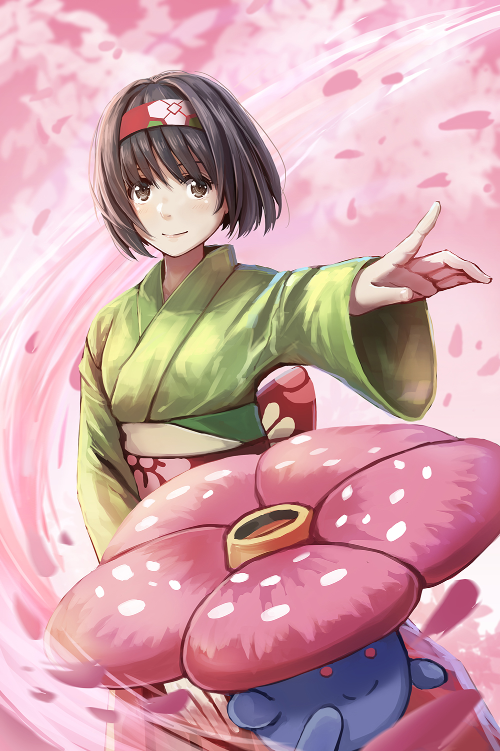 1girl bangs black_hair bob_cut brown_eyes creatures_(company) erika_(pokemon) flower game_freak gen_1_pokemon green_kimono gym_leader hairband highres japanese_clothes kimono nintendo obi petals pink_background pokemon pokemon_(creature) pokemon_(game) pokemon_lgpe redpoke sash short_hair smile vileplume