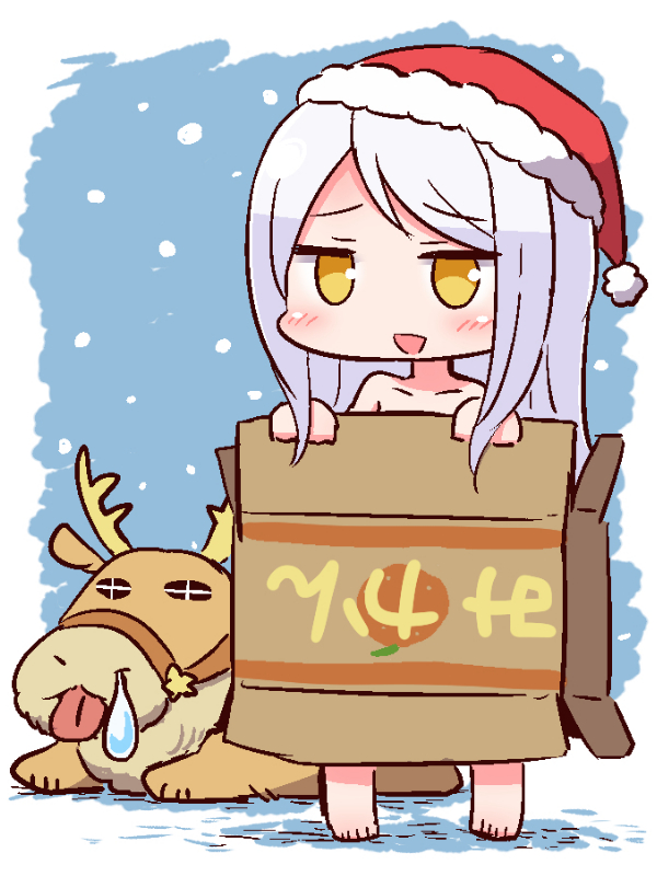 1girl :d animal bangs bare_shoulders barefoot blush box cardboard_box collarbone eve_santaclaus fur-trimmed_hat fur_trim hat holding holding_box idolmaster idolmaster_cinderella_girls long_hair looking_at_viewer mikan_box naga_u nose_bubble nude open_mouth orange_eyes red_hat reindeer santa_hat silver_hair smile snowing solo standing swept_bangs tongue tongue_out