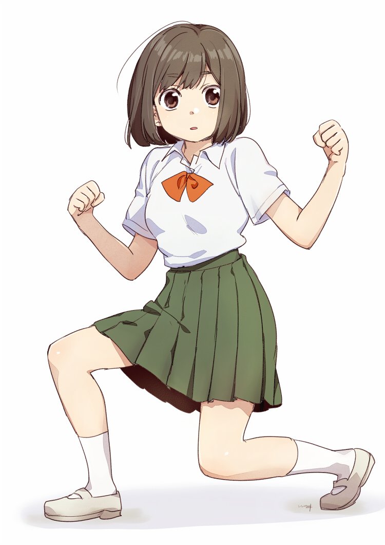 1girl bob_cut bow bowtie brown_eyes brown_hair clenched_hands collared_shirt commentary copyright_request eyebrows_visible_through_hair full_body green_skirt grey_footwear hands_up kawai_makoto looking_at_viewer parted_lips pleated_skirt pose red_neckwear school_uniform shirt shoes short_sleeves signature simple_background skirt socks solo white_background white_legwear wing_collar