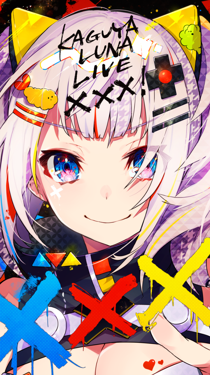 1girl bangs blunt_bangs breasts character_name cleavage cleavage_cutout closed_mouth commentary_request d-pad d-pad_hair_ornament hair_ornament hairclip hand_up highres kaguya_luna kaguya_luna_(character) looking_at_viewer mika_pikazo multicolored_hair purple_hair short_hair smile solo streaked_hair twintails violet_eyes