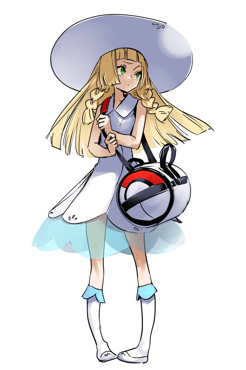 1girl bag bangs bare_shoulders blunt_bangs blush braid creatures_(company) dress duffel_bag full_body game_freak hat highres ikuhana_niiro kneehighs lillie_(pokemon) long_hair nintendo pokemon pokemon_(game) pokemon_sm simple_background sleeveless sleeveless_dress solo sun_hat white_background white_dress white_legwear