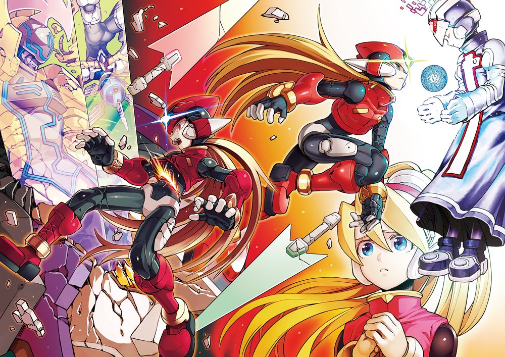 1girl 3boys android battle blonde_hair blue_eyes ciel_(rockman) closed_eyes energy_blade energy_sword gloves glowing gradient gradient_background hair_between_eyes hands_together helmet jumping long_hair multiple_boys omega_(rockman) open_mouth red_eyes rockman rockman_zero rockman_zero_3 sword weapon x_(rockman) zakki zero_(rockman)