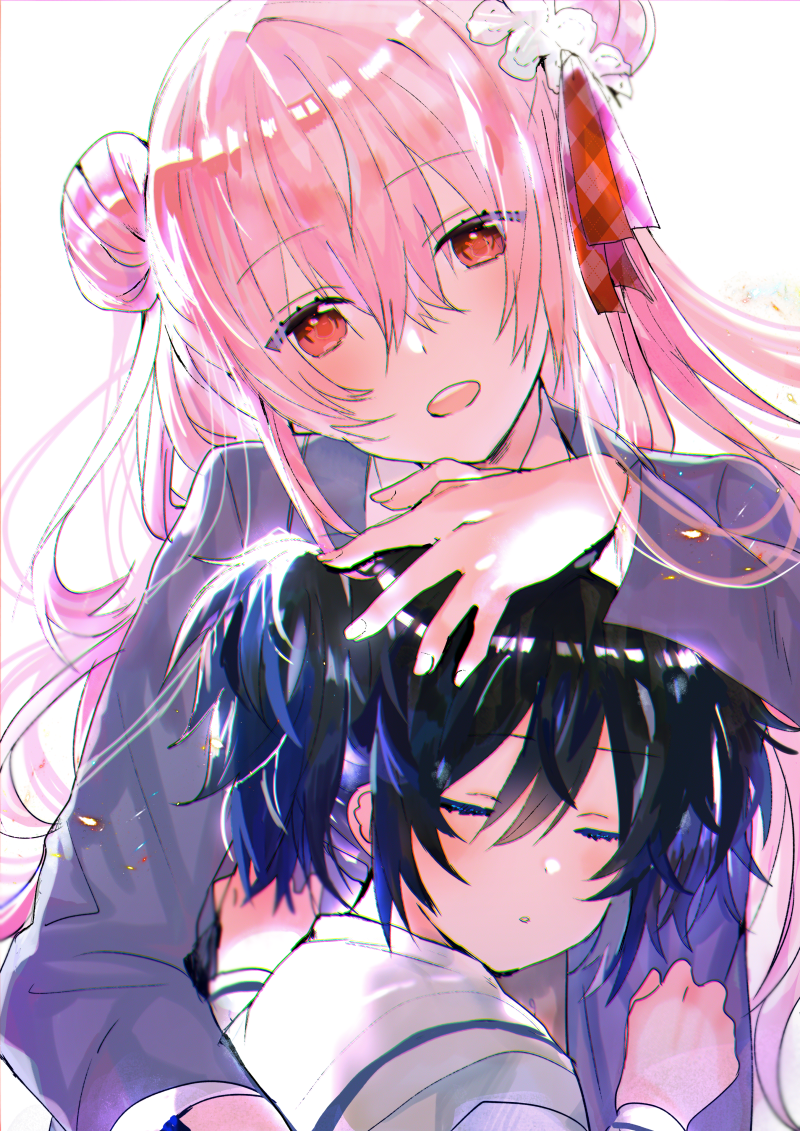 2girls :o argyle bangs black_hair black_jacket blazer blush chromatic_aberration closed_eyes double_bun eyebrows_visible_through_hair hair_between_eyes hair_ornament hair_ribbon hand_up happy_sugar_life head_tilt hug jacket koube_shio long_hair long_sleeves looking_at_viewer matsuzaka_satou multiple_girls open_mouth parted_lips petting pink_hair poni_(rito) red_eyes red_ribbon ribbon sailor_collar school_uniform shiny shiny_hair shirt sidelocks simple_background twintails upper_body upper_teeth white_background white_sailor_collar white_shirt