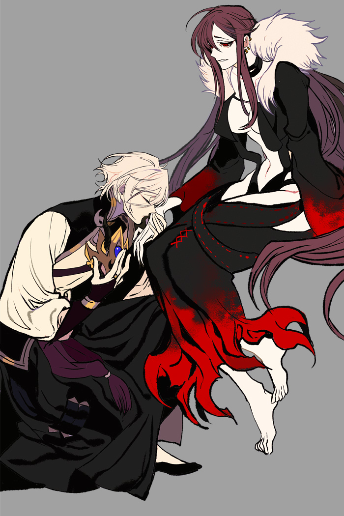 1boy 1girl black_choker black_hair breasts chinese_clothes choker closed_eyes collarbone commentary_request consort_yu_(fate) fate/grand_order fate_(series) fur-trimmed_jacket fur_trim gao_changgong_(fate) grey_hair hand_kiss holding holding_mask horned_mask imminent_kiss jacket kiss long_hair mask mask_removed medium_breasts red_eyes short_hair simple_background sitting tobi0728 very_long_hair white_hair