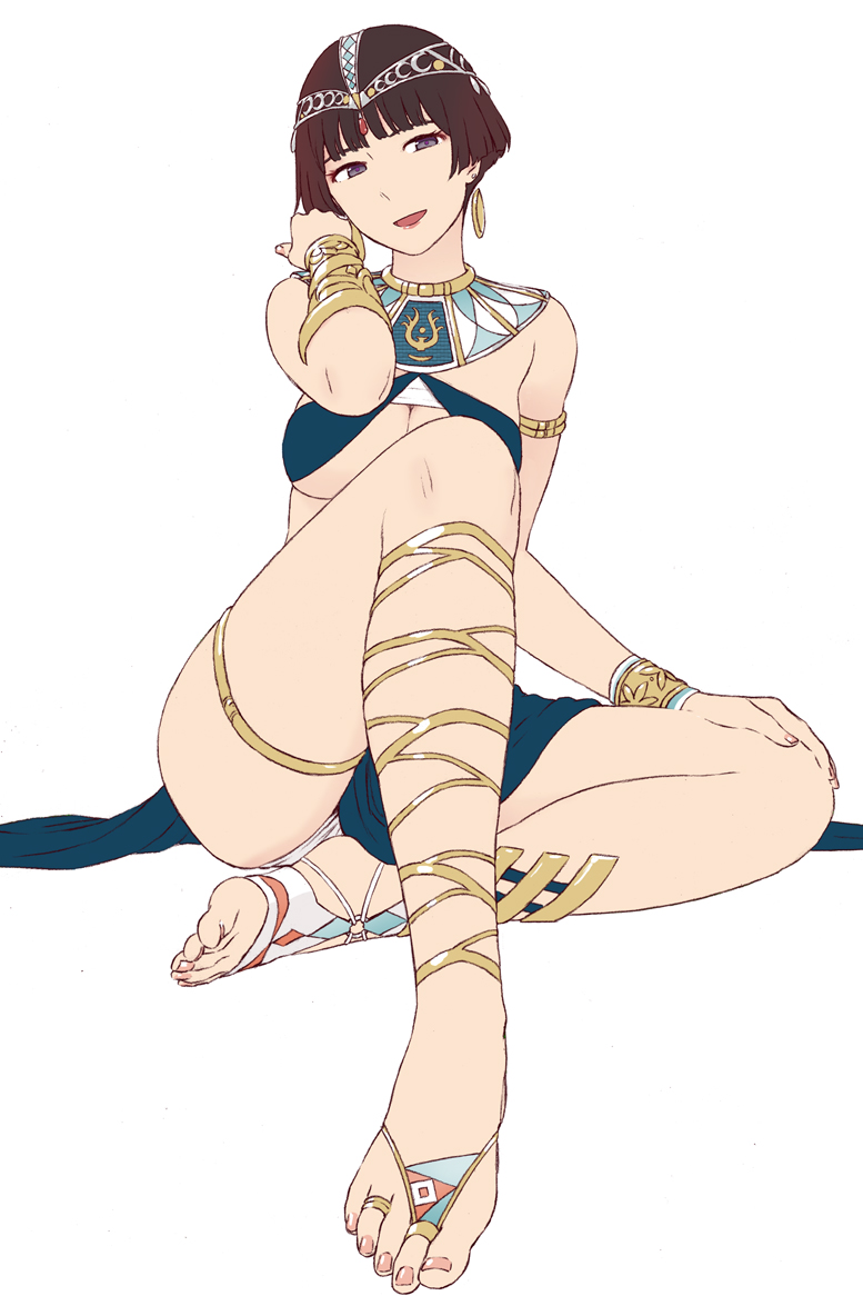 1girl alternate_costume armlet bangs black_eyes bracer breasts brown_hair cross-laced_footwear earrings egyptian_clothes full_body gake_no_ue_no_ponyo gorget hair_tucking hand_on_own_knee head_tilt headdress jas jewelry knee_up lisa_(ponyo) looking_at_viewer medium_breasts mismatched_legwear nail_polish open_mouth panties pink_nails revealing_clothes sandals short_hair simple_background sitting smile solo studio_ghibli thighlet toeless_legwear toenail_polish under_boob underwear very_short_hair white_background white_panties